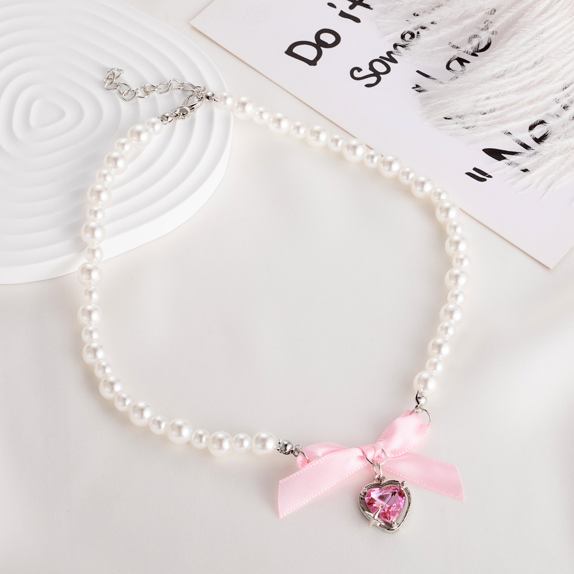 Wholesale  Pink Love Bow Pearl Necklace Female Clavicle Chain