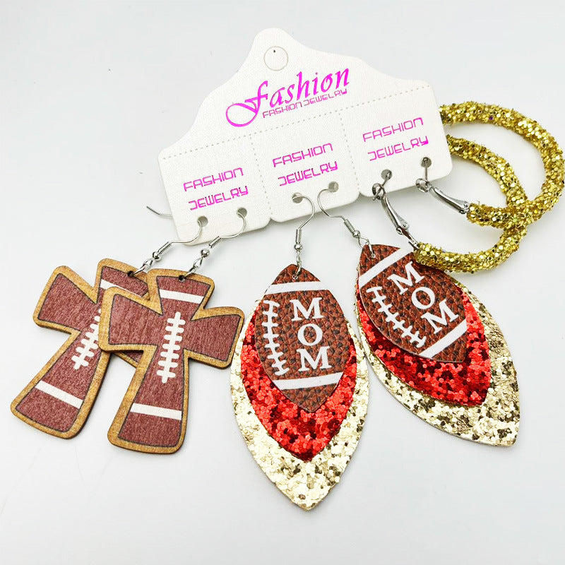 Wholesale 2 Sets Cross Glitter Earrings Rugby Stadium Cheer Football MOM Leather Earrings Set ACC-ES-HY126