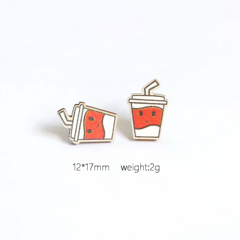 Wholesale Cute Wood Food Cookie  Hamburger Fries Pizza Donut Milk Omelette Earrings
