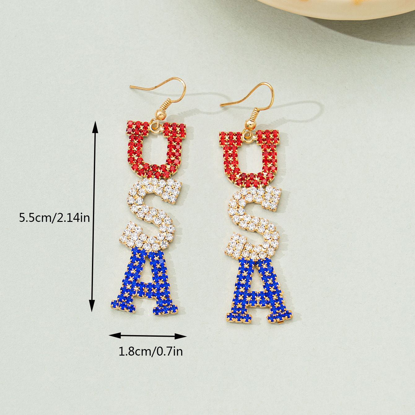 Wholesale  flag red and blue striped color rhinestone heart-shaped  letter earrings
