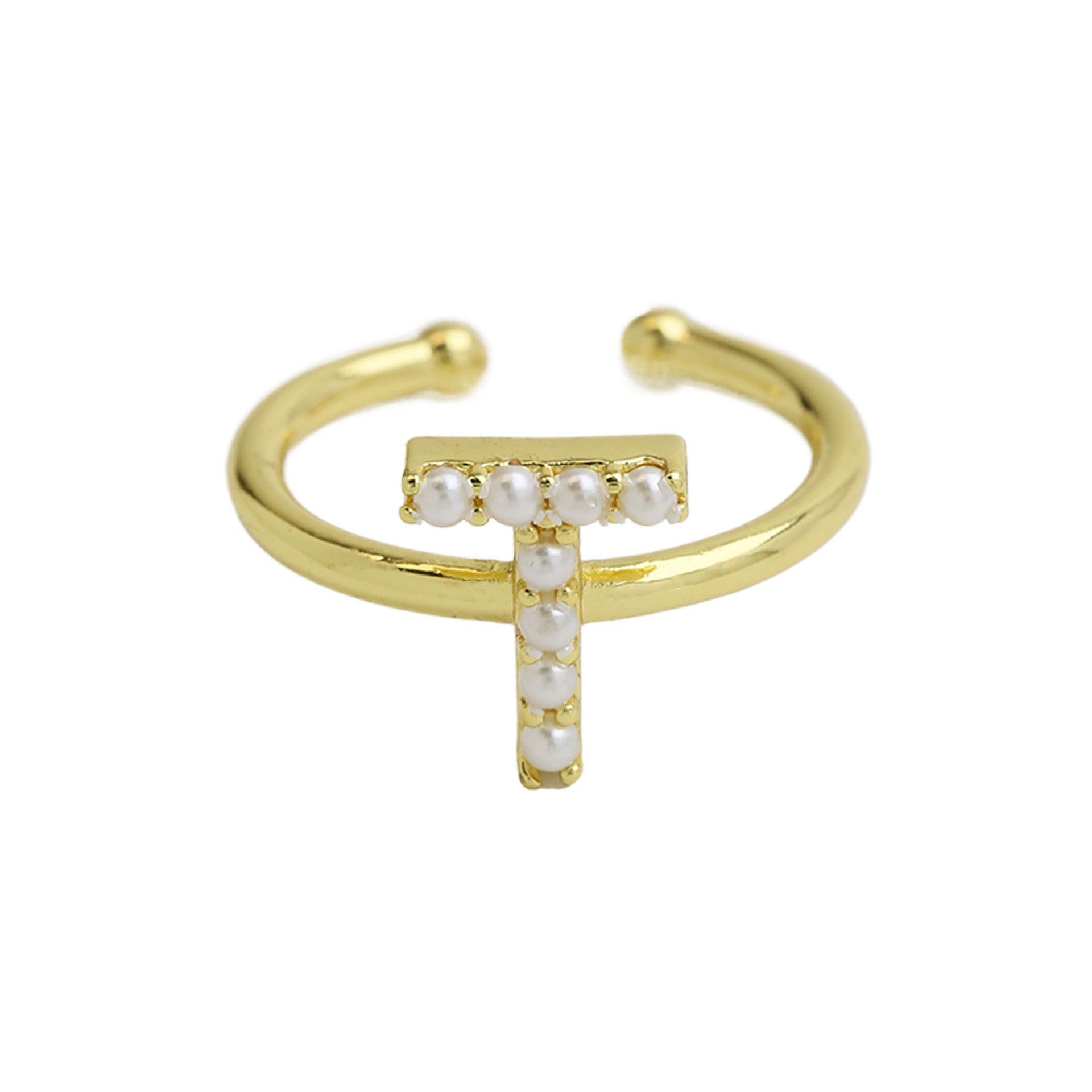 Wholesale  brass pearl 26 English letters open ladies ring