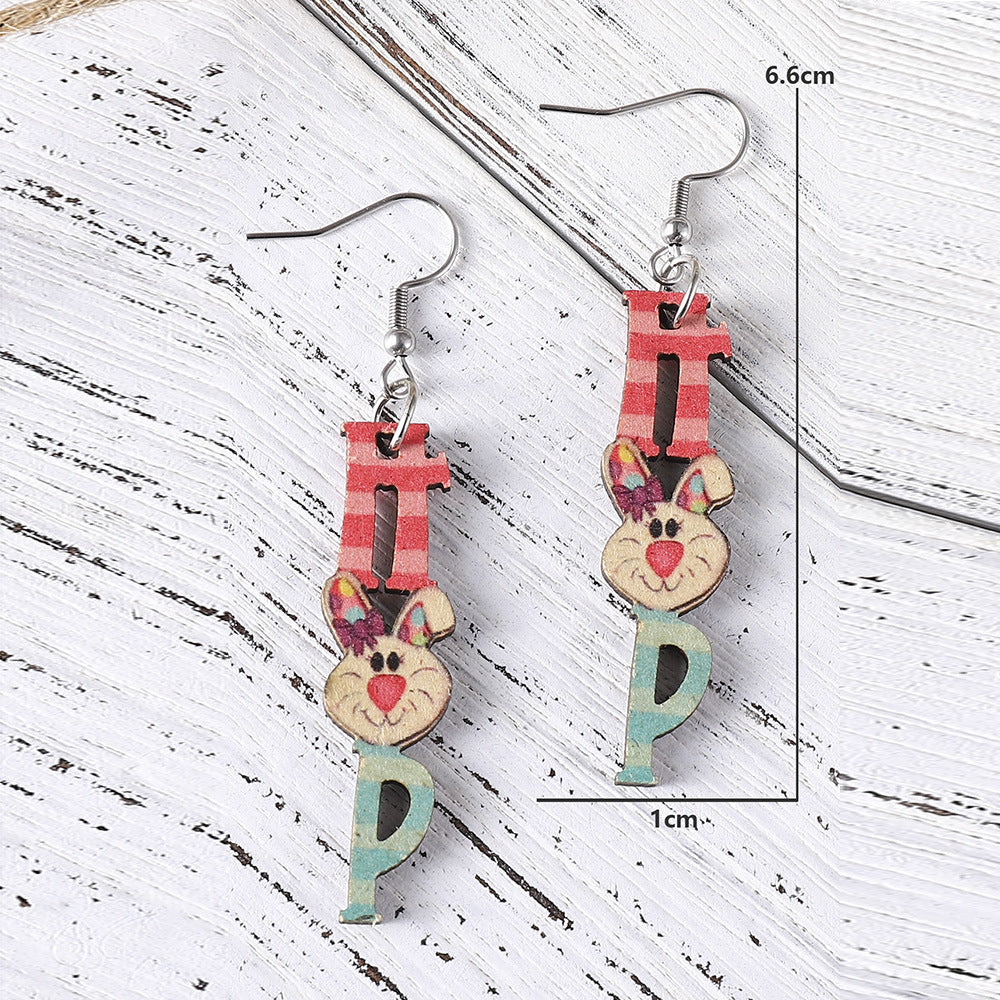Wholesale Easter Cartoon Cute Rabbit Letter Double-sided Wooden Earrings