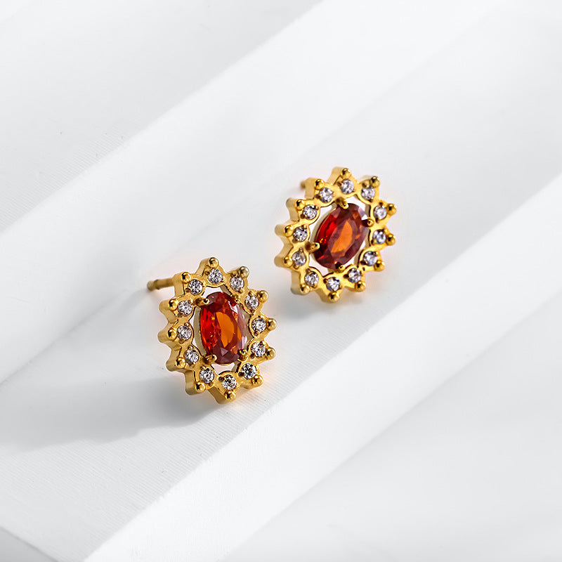 Wholesale vintage 18k titanium steel red zircon flower jewelry set