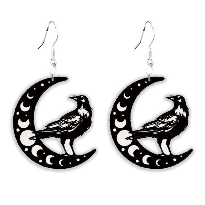 Wholesale 2 pairs/pack  Halloween Gothic Style Dark Moth Crow Black Cat Moon Wooden Skull Mushroom Earrings