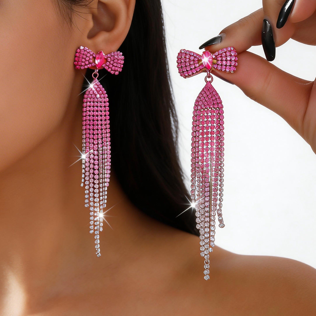 Wholesale Copper Rhinestone Bow Tassel Earrings European Style Party Wear