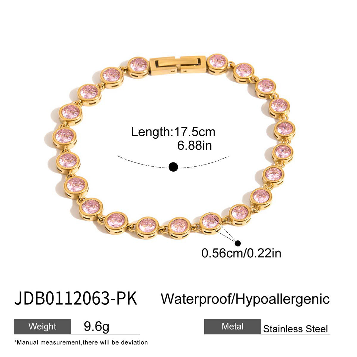 Wholesale  18K Gold Stainless Steel Round Pink Zircon Jewelry Buckle Tennis Chain Bracelet