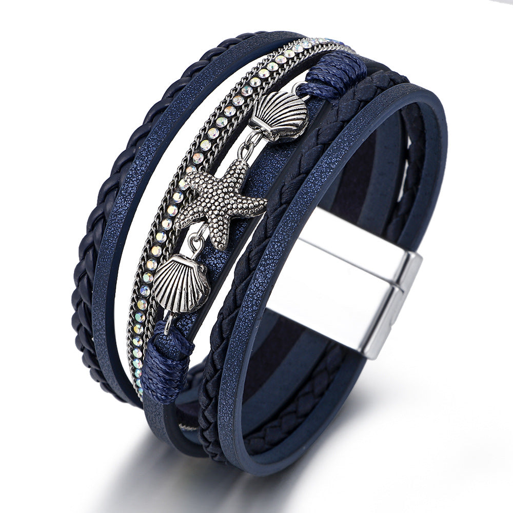 Wholesale Woven Artificial Leather Starfish Shell Bracelet Women S Bohemian Jewelry Accessory