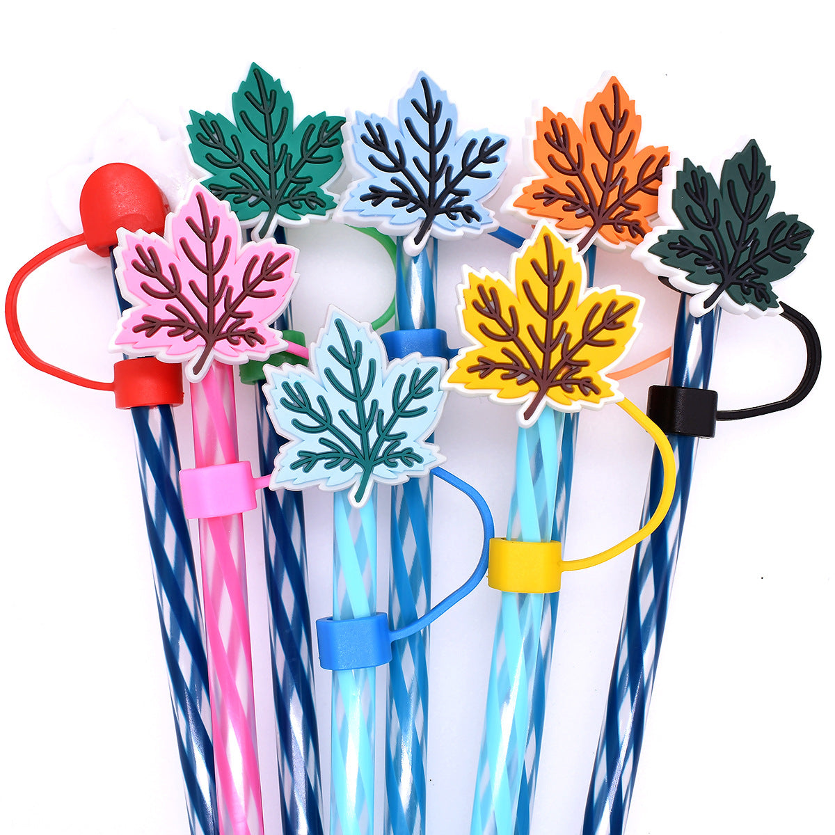 Wholesale Random 100pcs Colorful Maple Leaf Straw Tube Cap 10mm Soft Glue Straw Decoration Straw Cover ACC-SCR-RYY046