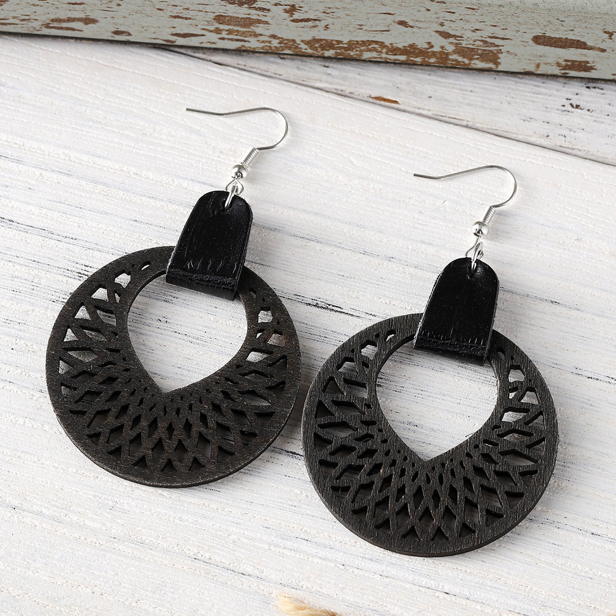 Wholesale Bohemian cut-out round drop earrings in wood PU leather panels reversible earrings
