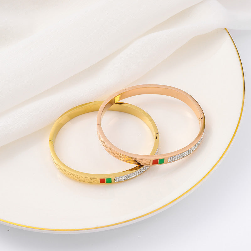 Wholesale  red green oil dripping titanium steel oval 18K gold bracelet