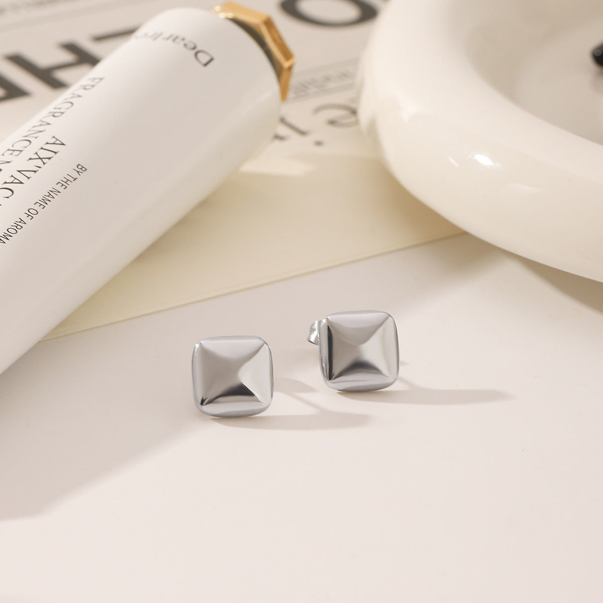Wholesale  Stainless Steel Square Cut Three-dimensional Earrings