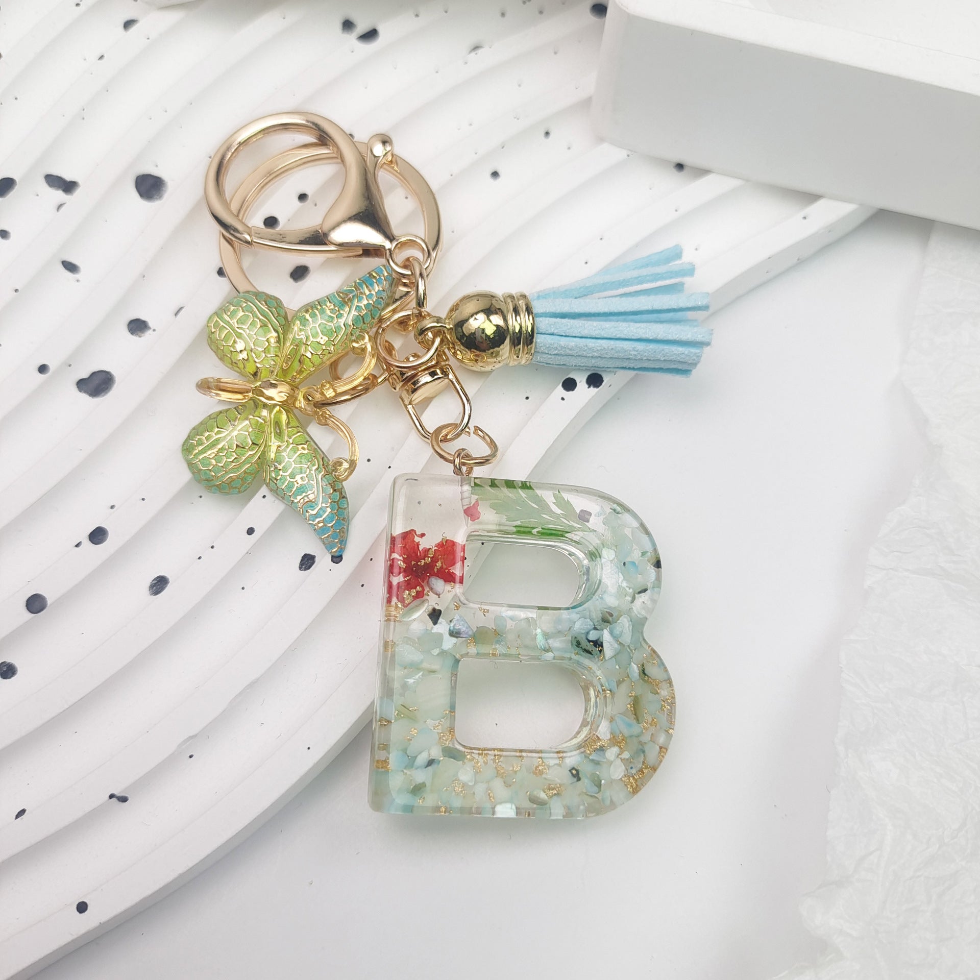 Wholesale Green English Letter Dried Flower Keychains Butterfly Tassel Keychain ACC-KC-Jiay002