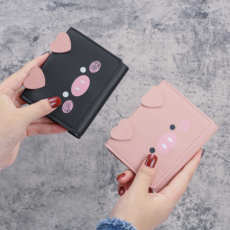 Wholesale PU Leather Cartoon Pig Print Tri Fold Wallet For Women Students Casual Daily Use