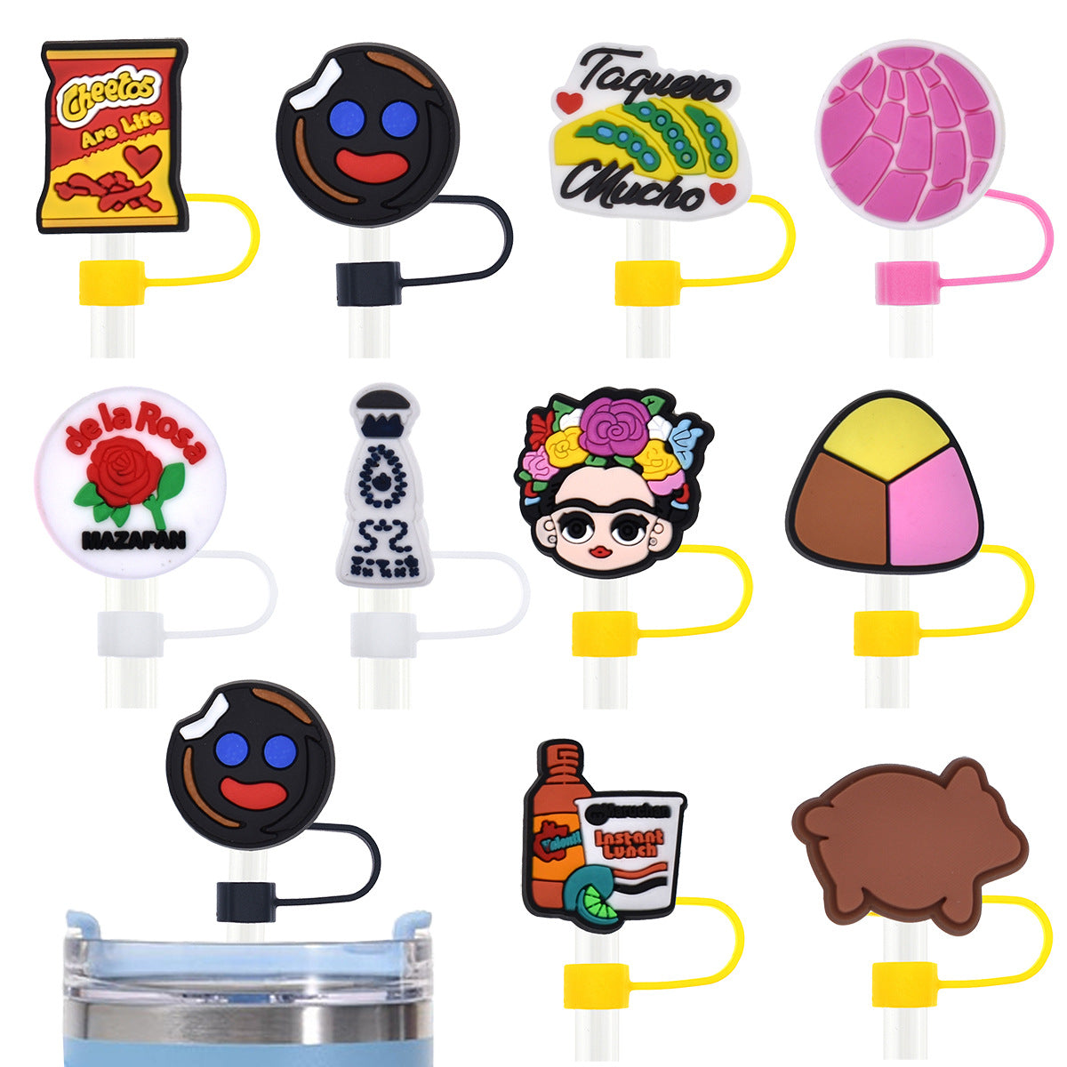 Wholesale  Random 100pcs Mexican Series  10mm PVC Soft Straw Tube Cap