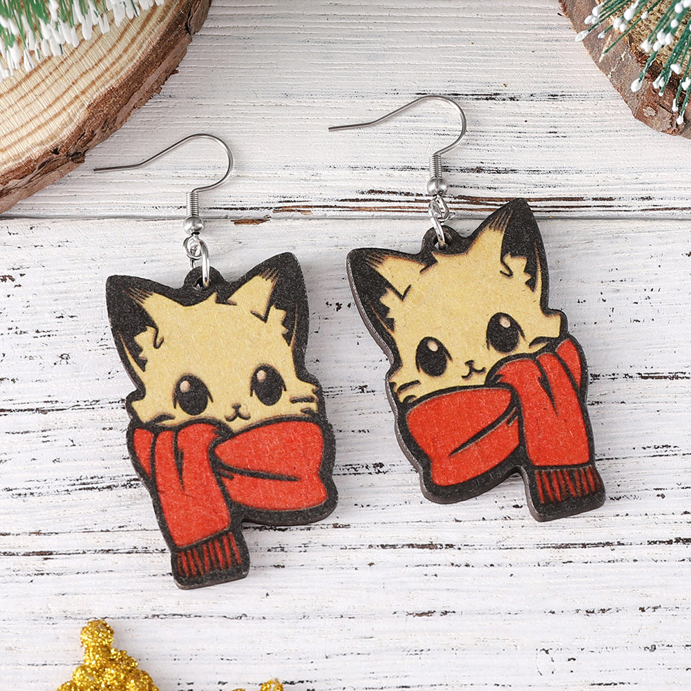 Wholesale Christmas cute red f cat pendant earrings wooden double-sided