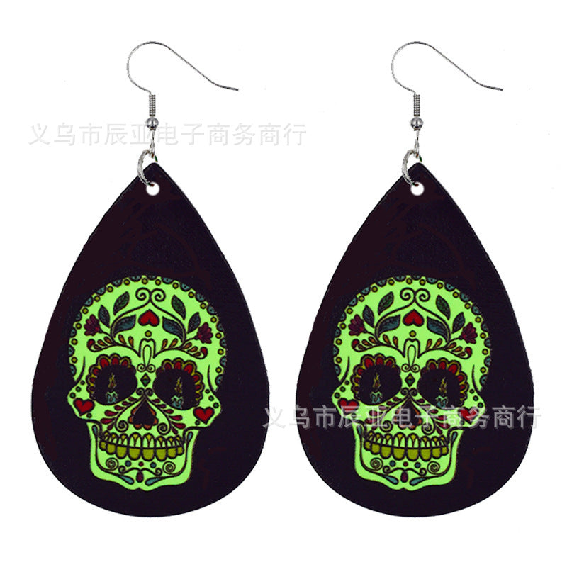 Wholesale Halloween Pumpkin Skull Fluorescent Green Luminous Leather Earrings ACC-ES-ChenY039