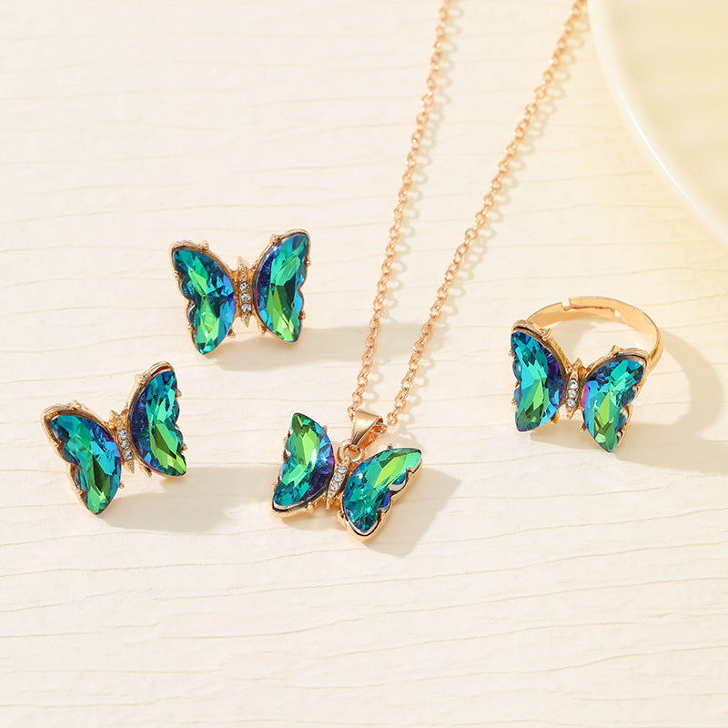 Wholesale Colorful Inlaid 3-piece Earrings Necklace Ring Butterfly Diamond Necklace ACC-RS-YunJin003