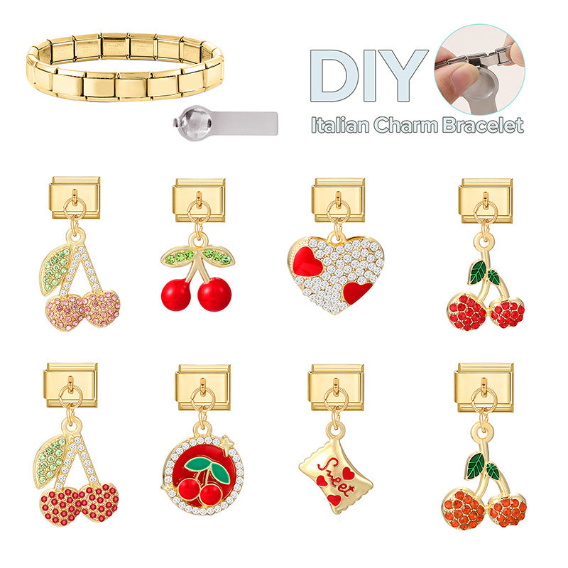 Wholesale Italian Charm Bracelet 9mm DIY Splicing Cherry Pendant Stainless Steel Composable Bracelet