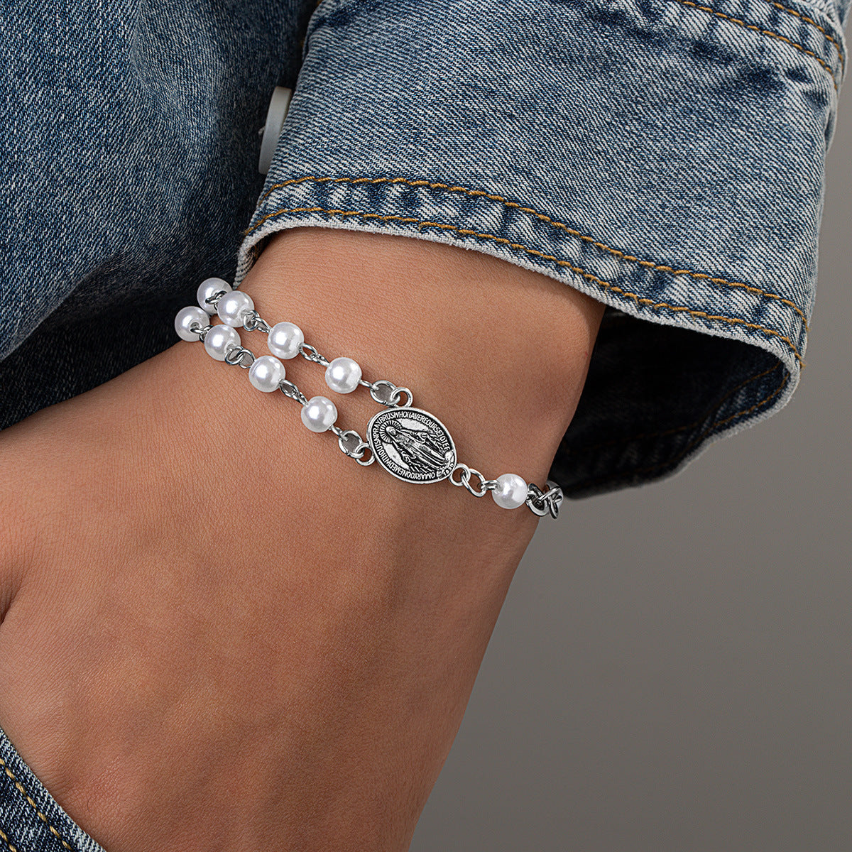 Wholesale  floral resin wood beaded Virgin Mary pendant bracelet