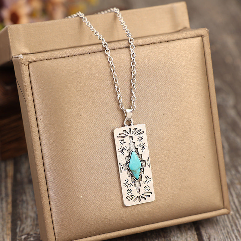 Wholesale Bohemian retro style rectangular inlaid synthetic turquoise fashion necklace