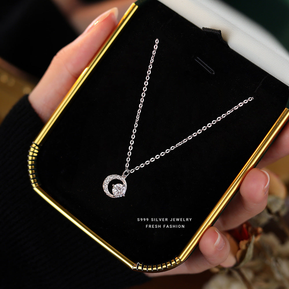 Wholesale s999 Silver Crescent Shiny Zircon Necklace