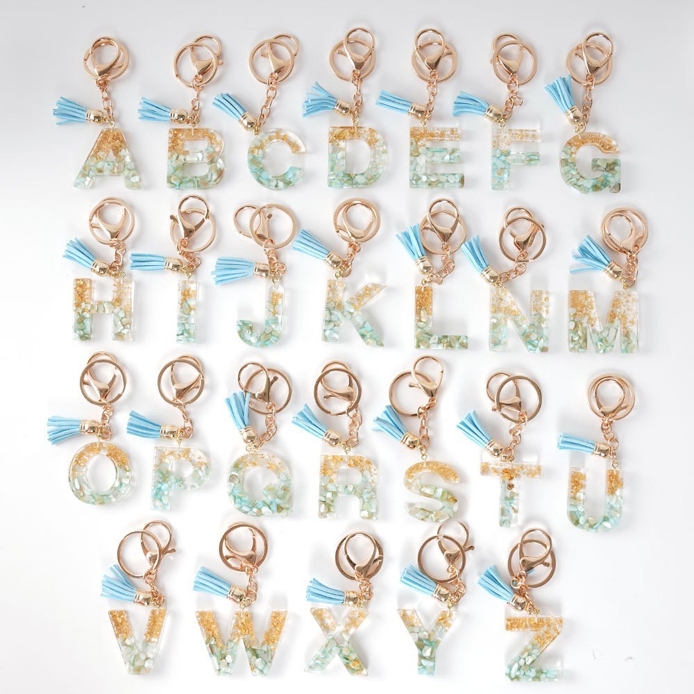 Wholesale Blue Gold Tassel 26 English Letters Gold Keychains