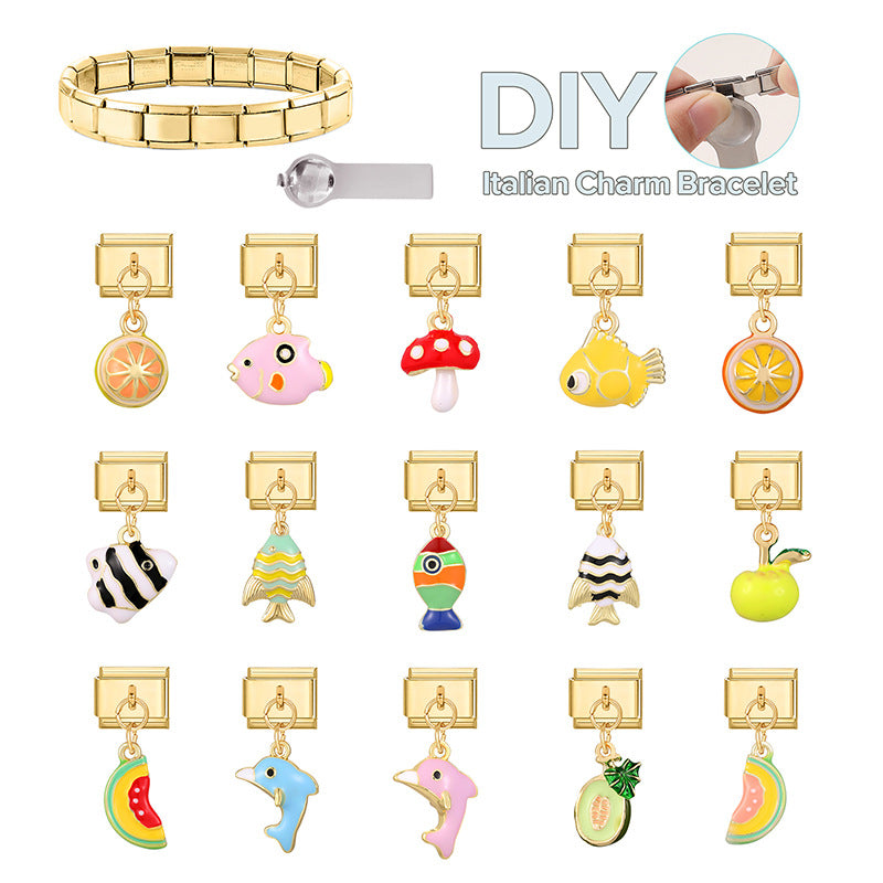 Wholesale 9mm Italian Charm Starter Bracelets DIY Fish and Fruit Pendant Stainless Steel Composable Bracelet