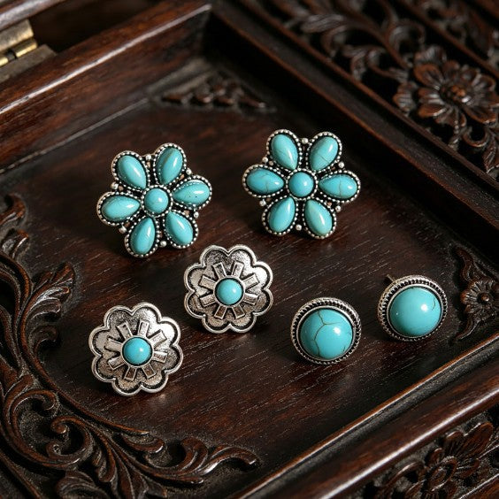 Wholesale Bohemian Turquoise Round Flower Earring Stud Set Alloy Fashion Accessory