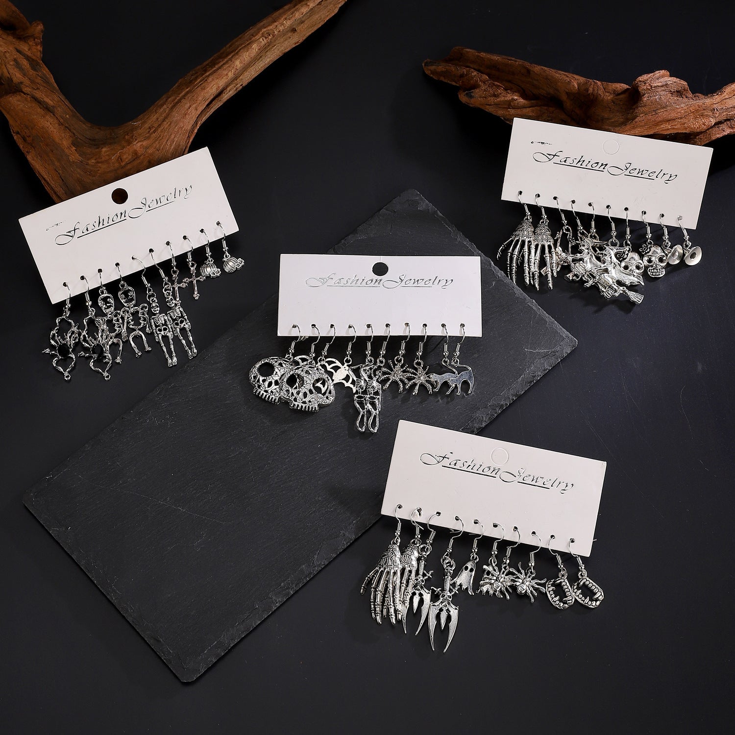 Wholesale Alloy Ancient Silver  Statement Earrings Set – 5 Pairs Pumpkin Skull  Theme,  Party Fashion Accessory