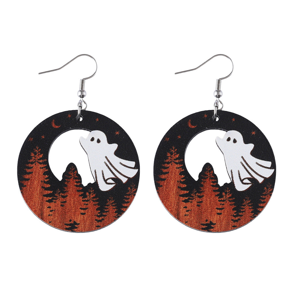 Wholesale Halloween Western Style Pine Ghost Round Wood Gothic Style Earrings ACC-ES-ChuLian044