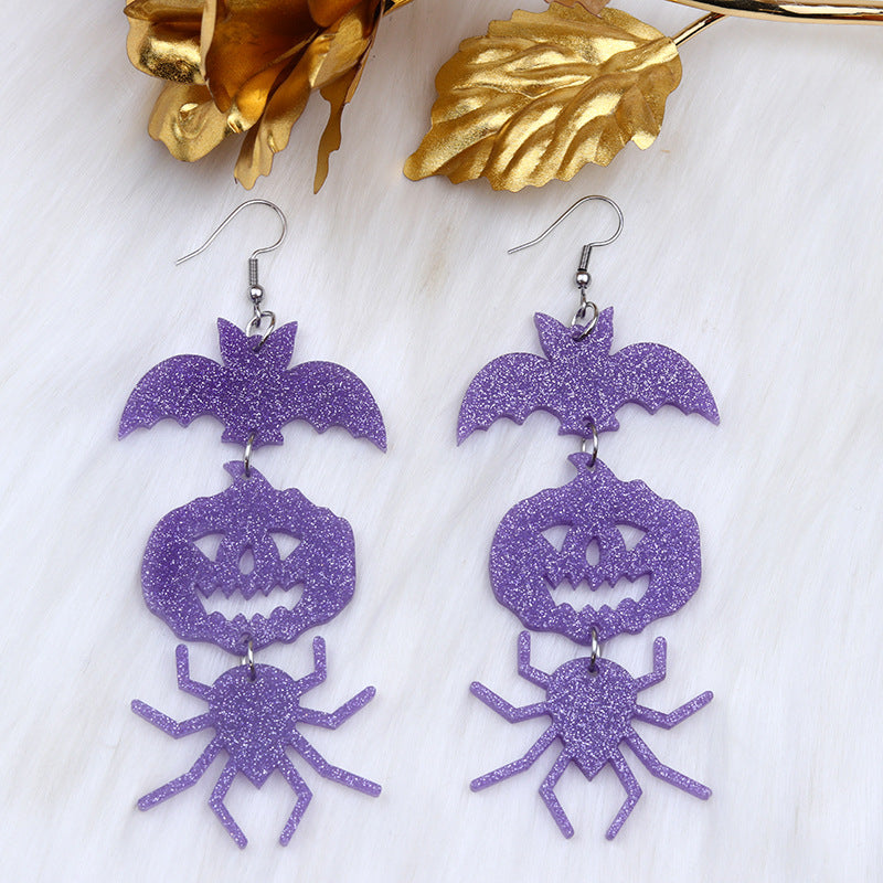 Wholesale Halloween Earrings Long Stitching Bat Pumpkin Spider Acrylic Earrings