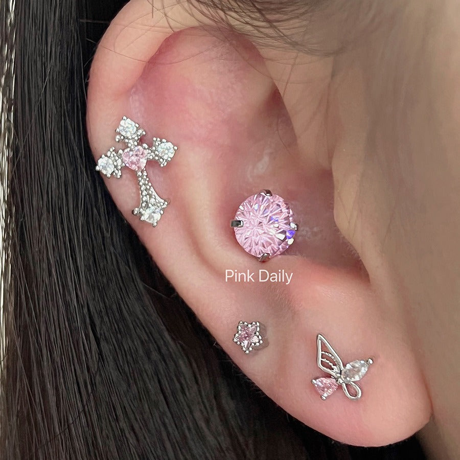 Wholesale Pink zircon cross ear bone nail titanium steel screw  butterfly earrings