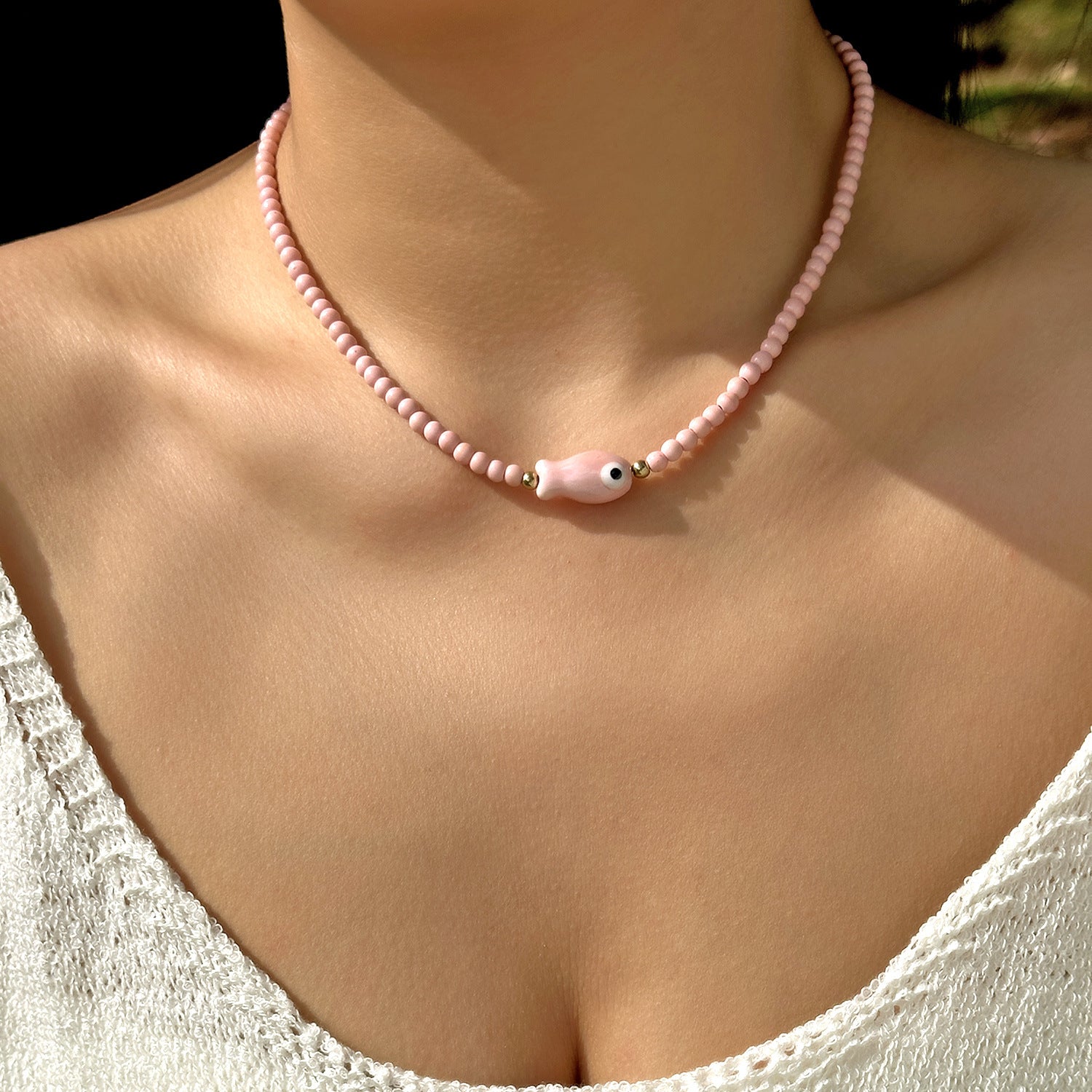 Wholesale  cute color ceramic double-sided painted small fish rice beads beaded necklace