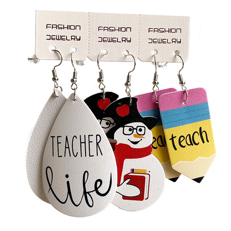 Wholesale 2 Sets Christmas Earrings Set Teacher Snowman PU Leather Earrings Set ACC-ES-HY133
