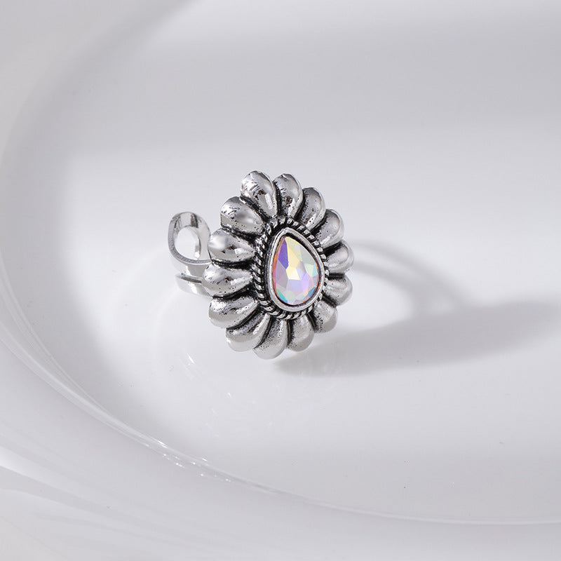 Wholesale Trendy Bohemian Flower Turquoise Drop Ring for Women,  Retro Adjustable Copper Jewelry Accessory