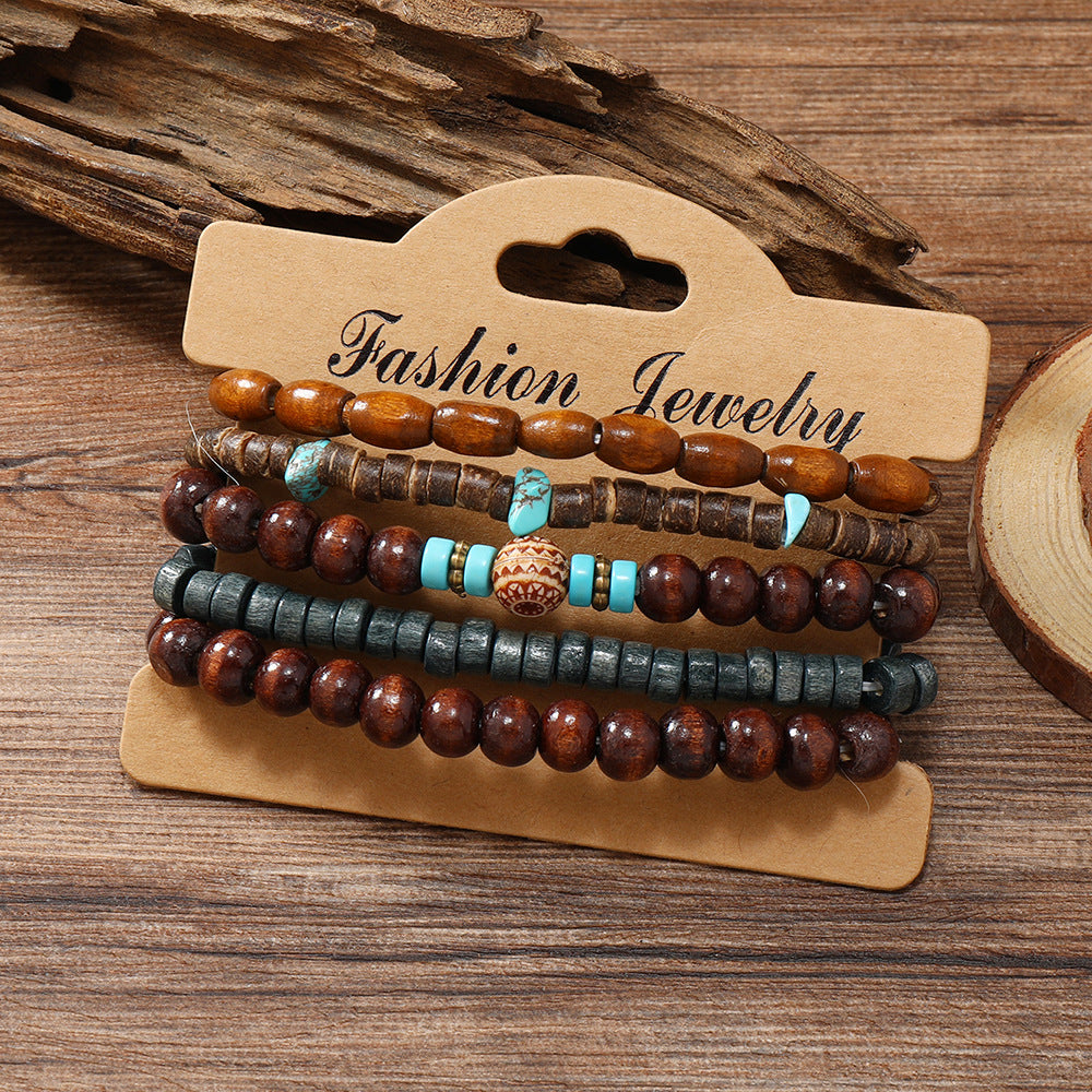 Wholesale  turquoise wood beads coconut shell five-piece bracelet