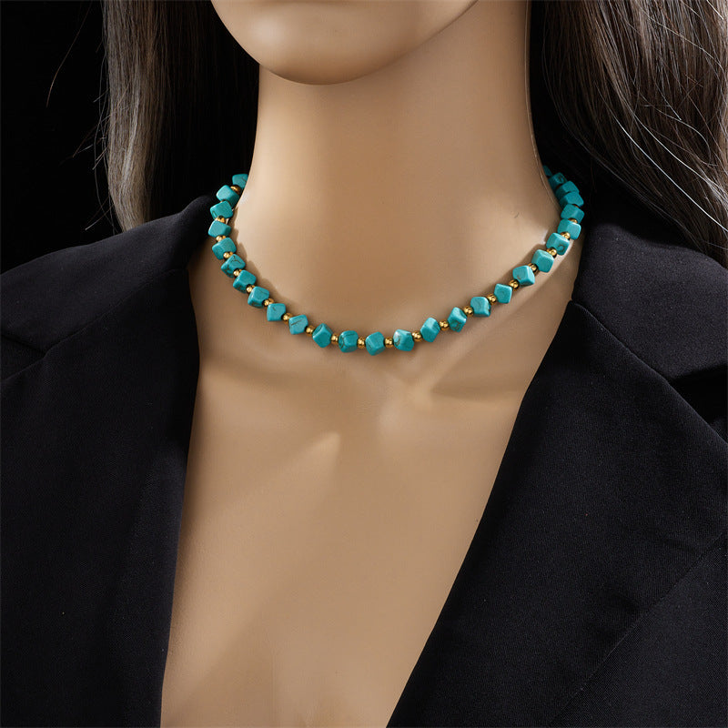 Wholesale French Vintage Turquoise Bead Necklace,  Gold-Tone Titanium Steel Chain,  Fashion Accessory for Party or Daily Wear