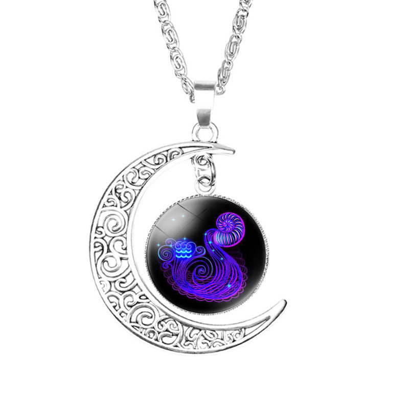 Wholesale Twelve Constellation moon necklace Time Gem crescent moon pendant with chain