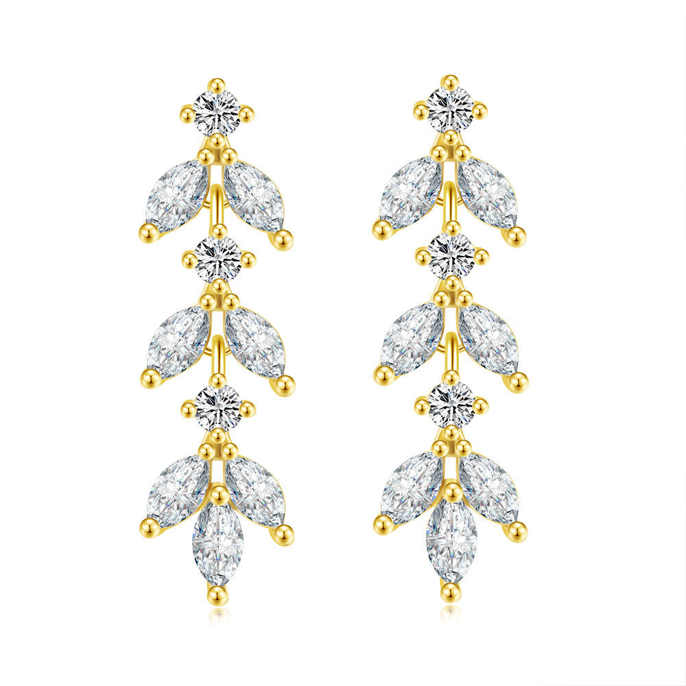 Wholesale Zircon Long Leaf Copper Earrings