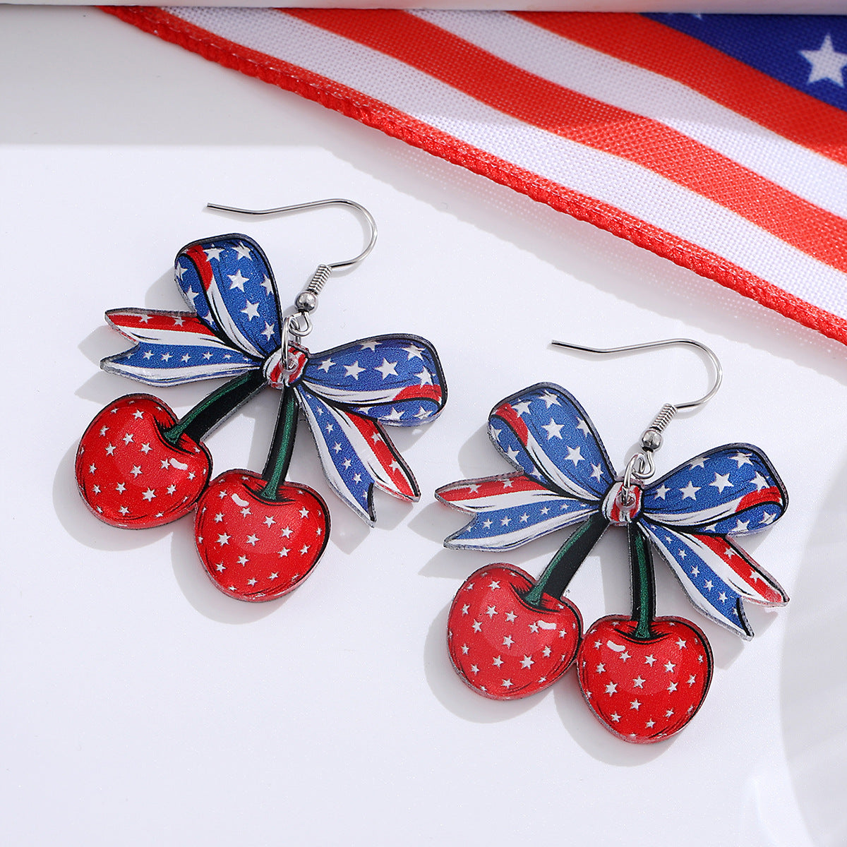 Wholesale Independence Day Red, White and Blue Bow Cherry American Flag Earrings