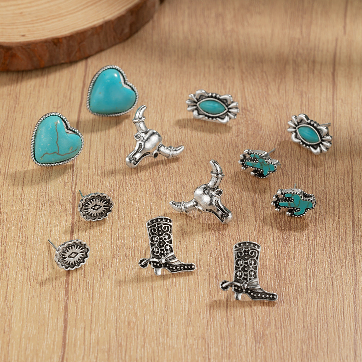 Wholesale Western-style turquoise heart earrings 6-piece set