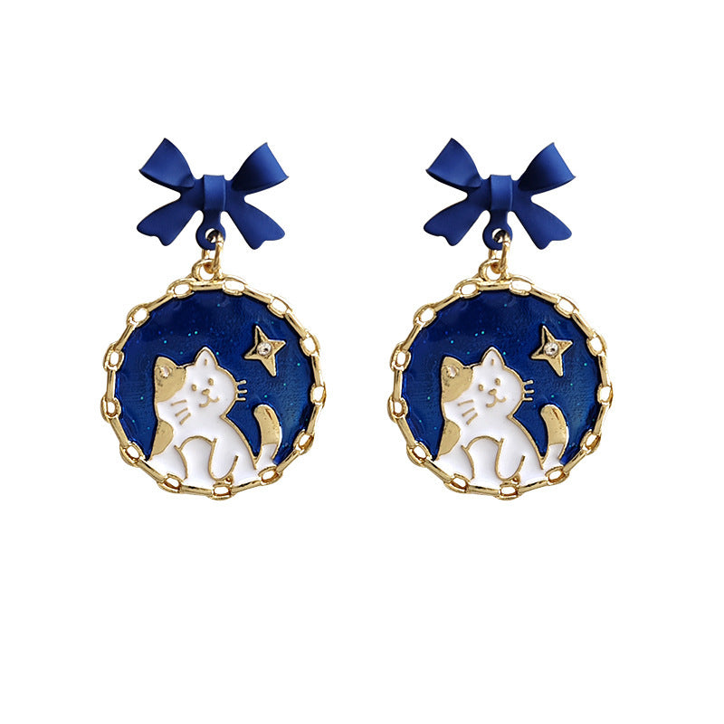 Wholesale Retro Cartoon Bow Blue Kitten Earrings