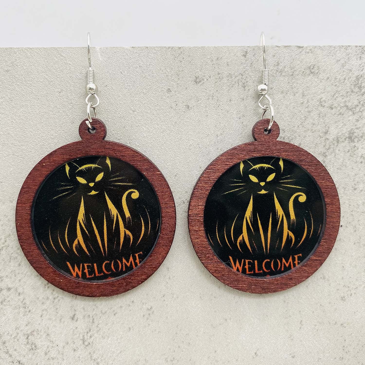 Wholesale Halloween Cat Horror Ghost Wood Inlay Acrylic Earrings ACC-ES-ChenY020