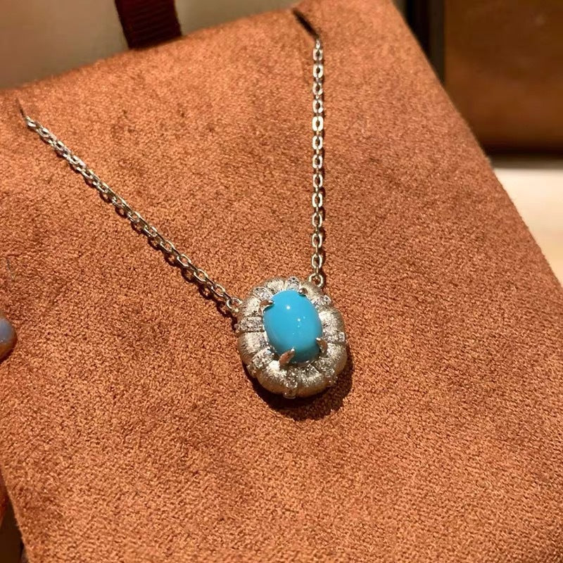 Wholesale French Retro Brushed Oval Turquoise Necklace Copper Inlay - Boutique Resale