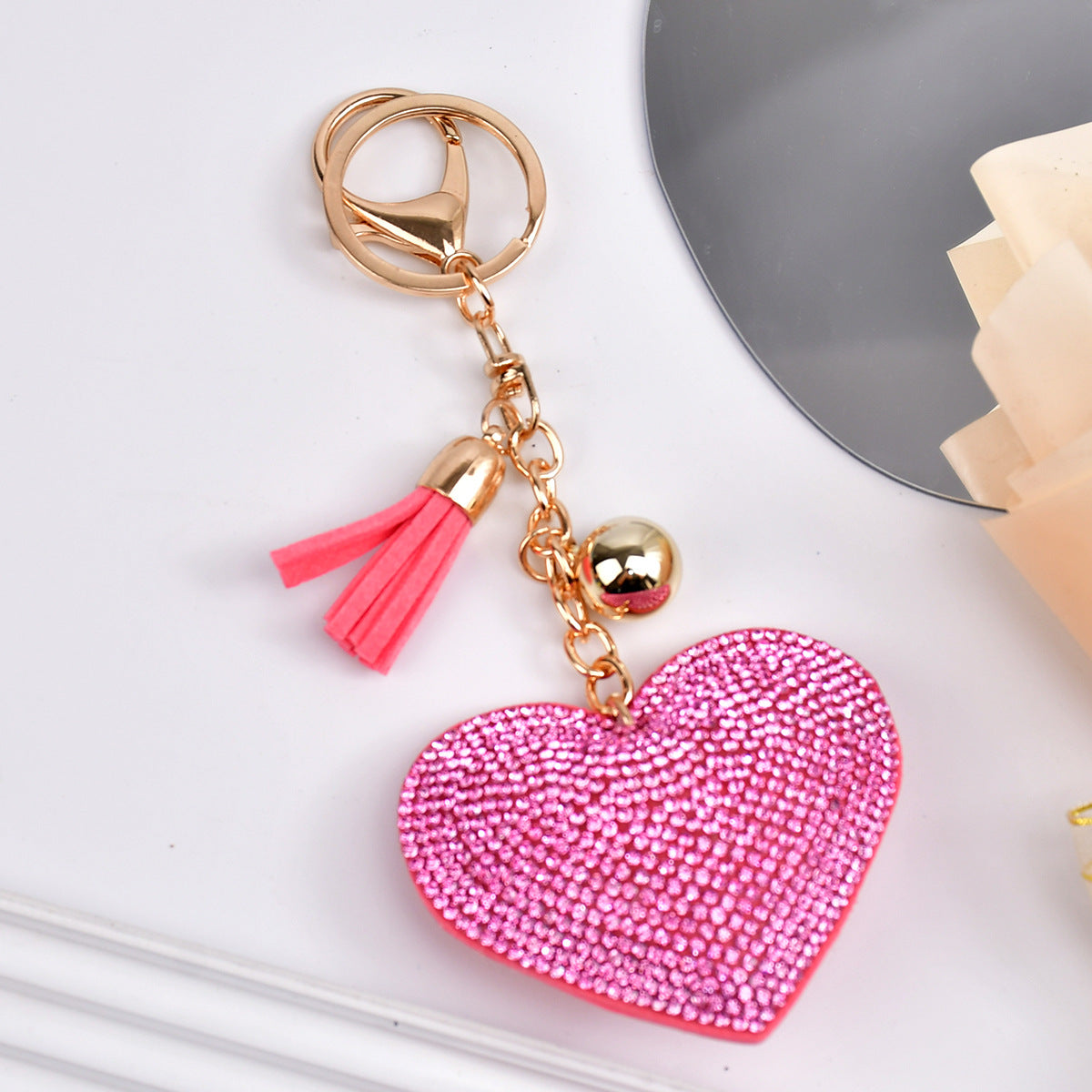 Wholesale  Peach Heart Rhinestone Leather Keychain