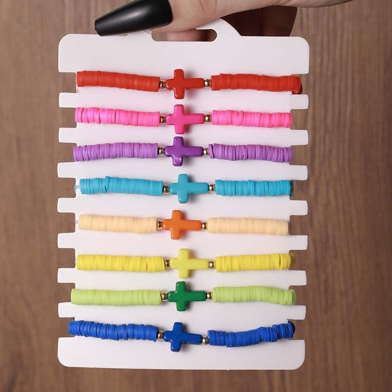 Wholesale bohemian style colorful soft pottery cross bracelet suit