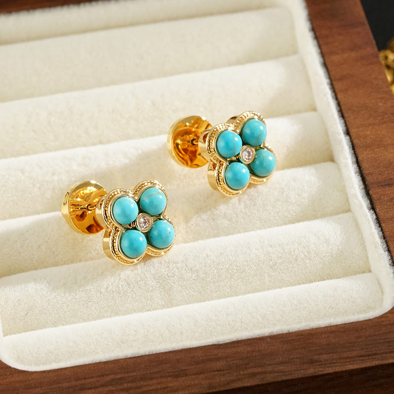 Wholesale S925 silver needle high sense turquoise four-leaf flower earrings