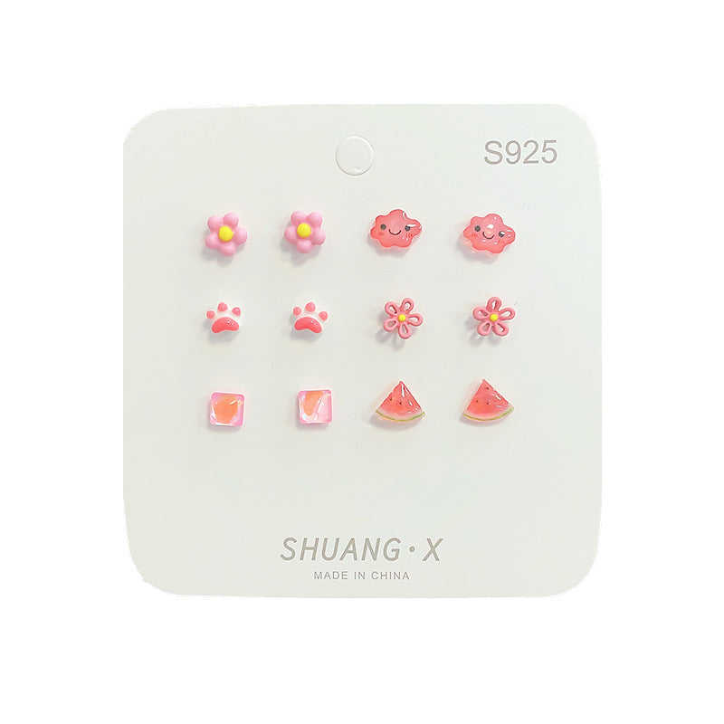 Wholesale Sweet and fresh silver needle small floral and fruit earrings