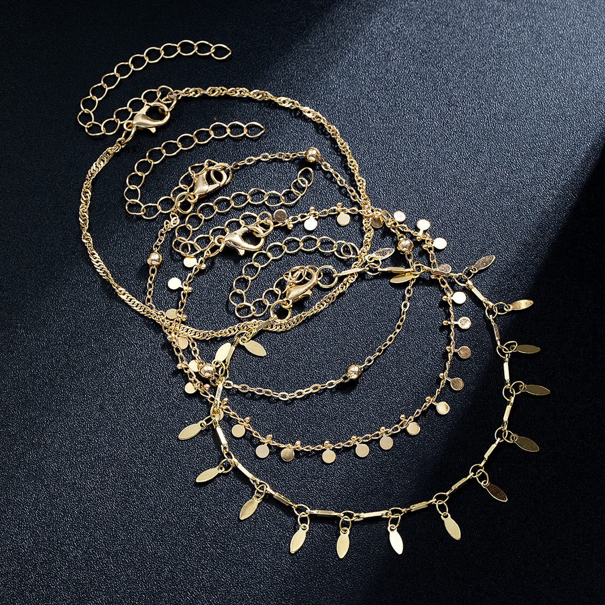 Wholesale Stacked Oval Disc Tassel Pendant Metal Chain Anklet
