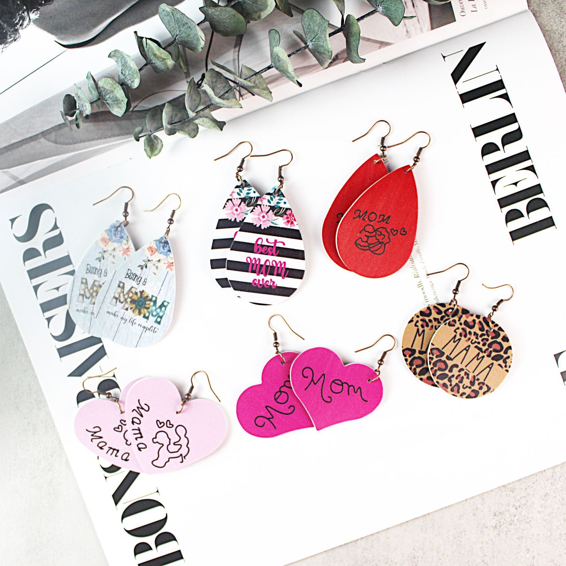Wholesale Leather Mother's Day PU Leather Earrings Double Sided Printing Flower Mom Leopard Print Water Drop Love Heart ACC-ES-Yongz004